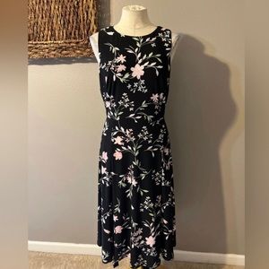 Anne Klein Pink Black Green floral print Midi Stretch Career Church Dress S 14